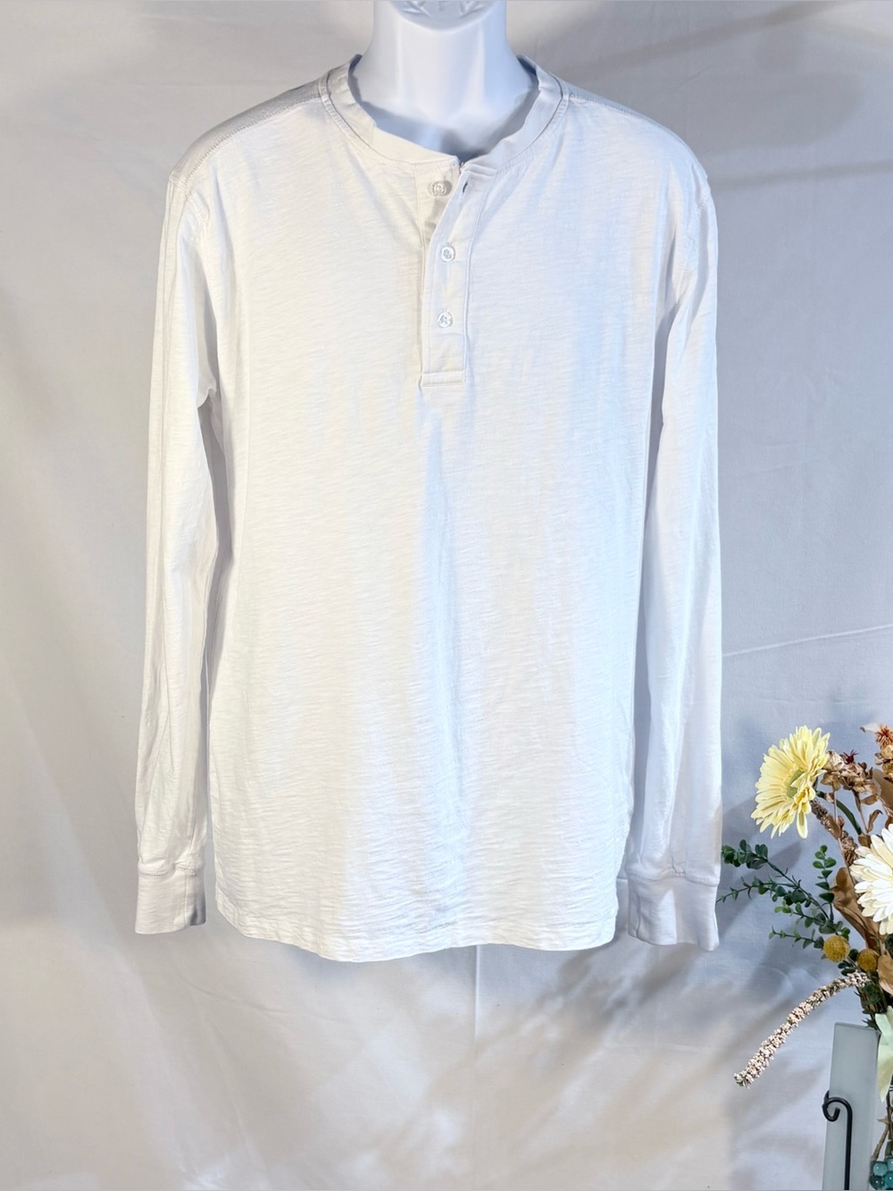 💥American Tall Men’s Slub Cotton Long Sleeve Henley Shirt White Size LT 💚